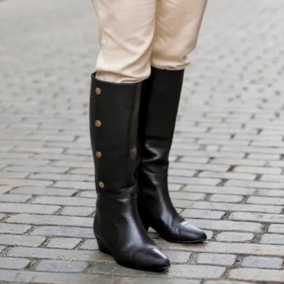 LOEFFLER RANDALL 8.5 Black Leather Low Wedge Knee Boots Gold Snaps R $595 - Picture 1 of 14